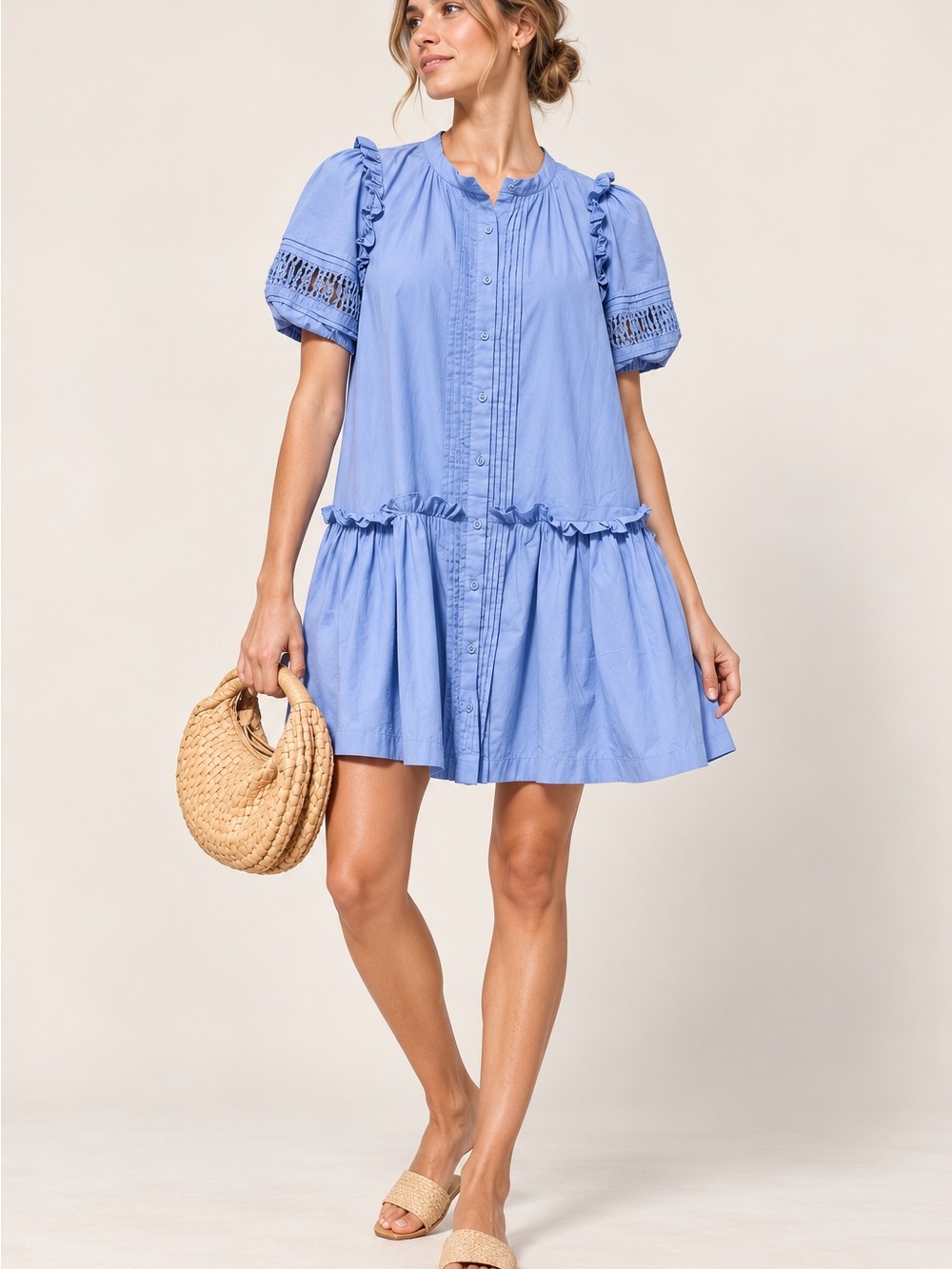 Cleobella Dolly Mini Dress Blue Periwinkle Cotton Puff Sleeve Ruffle Babydoll